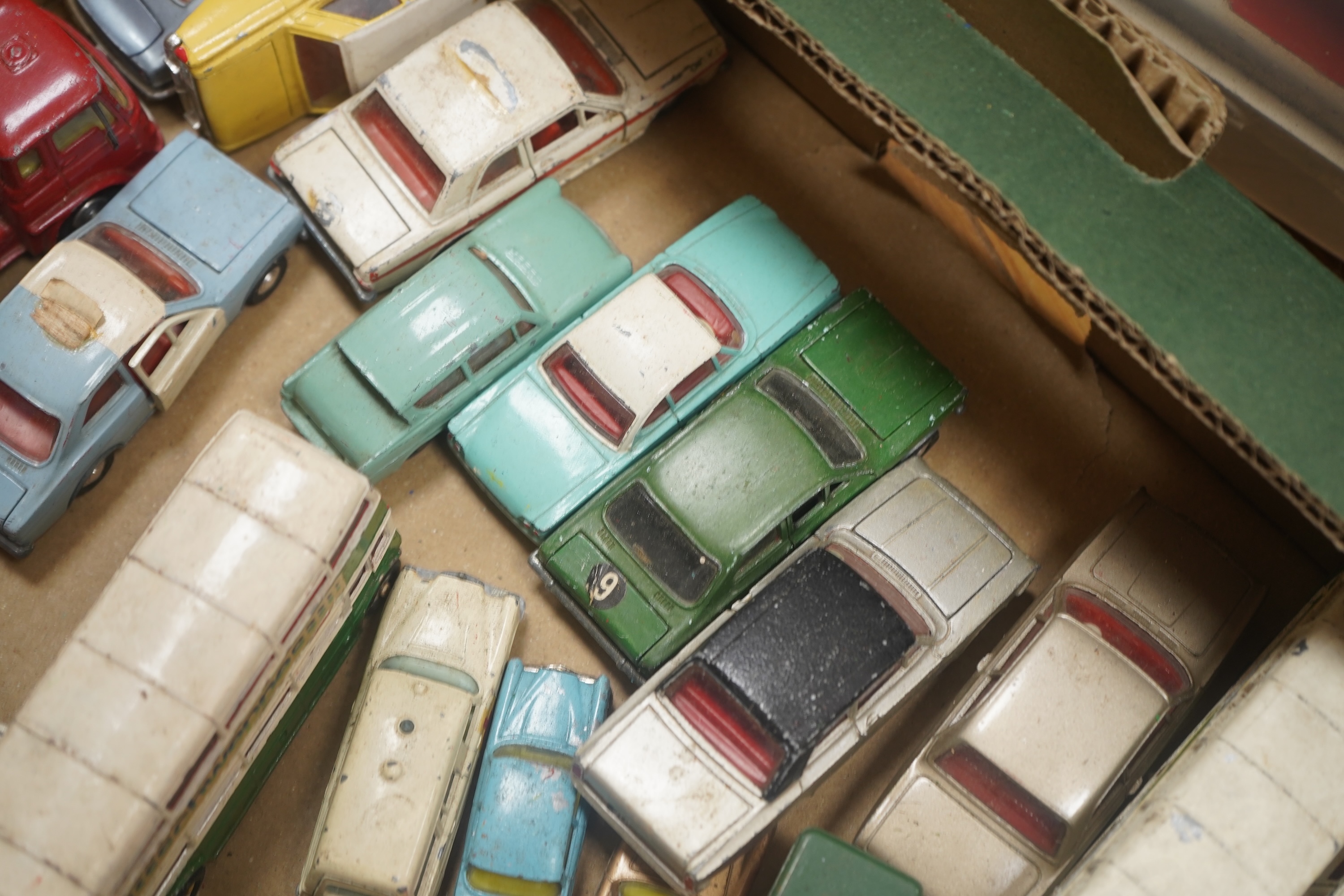 A collection of diecast vehicles by Dinky Toys, Corgi Toys, Husky, Matchbox Series, etc. including a good selection of French Dinky Toys military vehicles, original Chipperfields Circus vehicles, cars, commercial vehicle